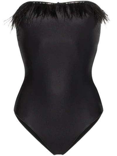 Oseree Plumage Feather-trimmed Swimsuit In Black