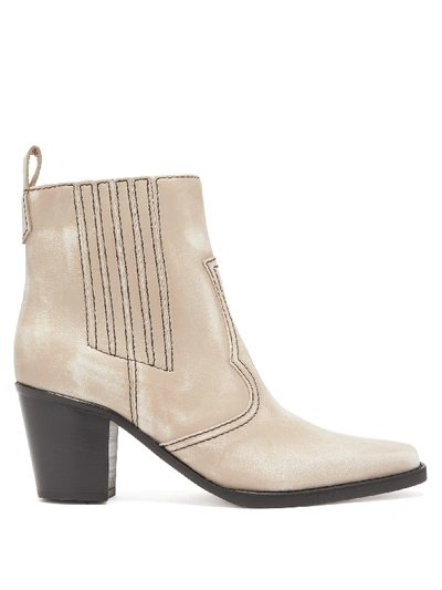 Ganni Callie Western Leather Ankle Boots In Neutral