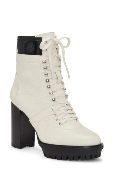 Vince Camuto Women's Ermania Lace Up Lug Sole Combat Booties Women's Shoes In Warm White/ Black Leather