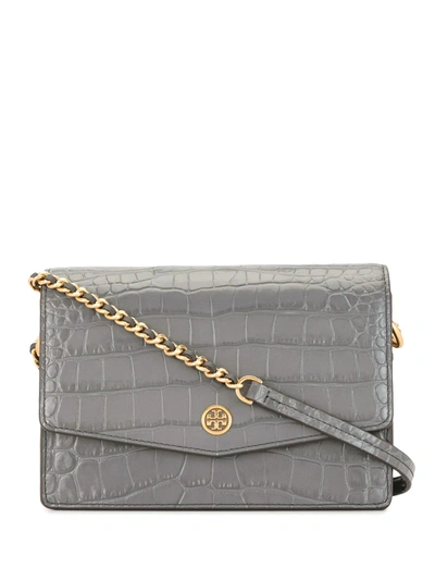 Tory Burch Robinson Croc Embossed Leather Shoulder Bag In Zinc