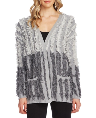 Vince Camuto Cotton Fringe Colorblocked Cardigan In Silver Heather