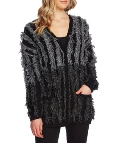Vince Camuto Cotton Fringe Colorblocked Cardigan In Rich Black