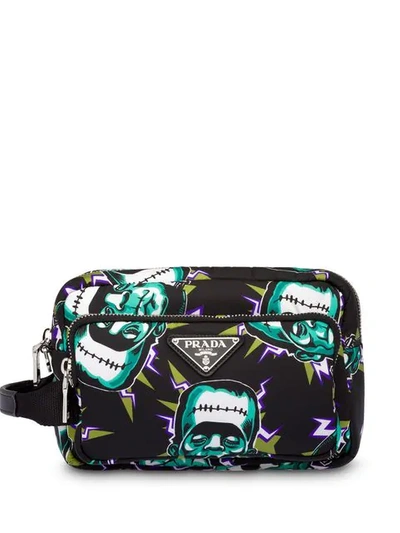 Prada Frankenstein Print Soft Nylon Pouch In Green