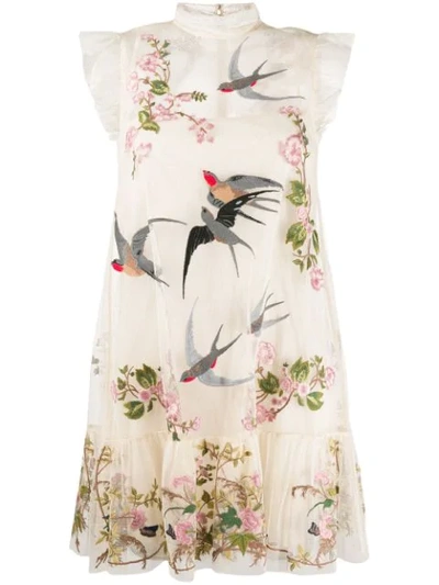 Red Valentino Red(v) Floral And Bird Mini Dress In Neutrals
