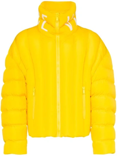 Versace Quilted Logo Print Puffer Jacket In Yellow