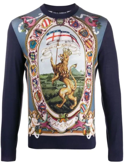 Dolce & Gabbana Silk Round-neck Sweater With Dg King Print In Blue