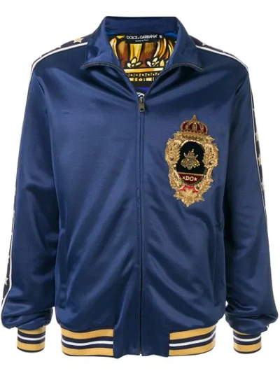 Dolce & Gabbana Cotton Zip-up Sweatshirt With Heraldic Patch In Blue