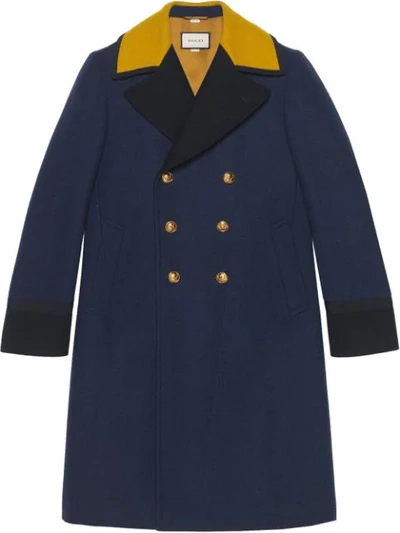 Gucci Double Breasted Marine Coat In Blue