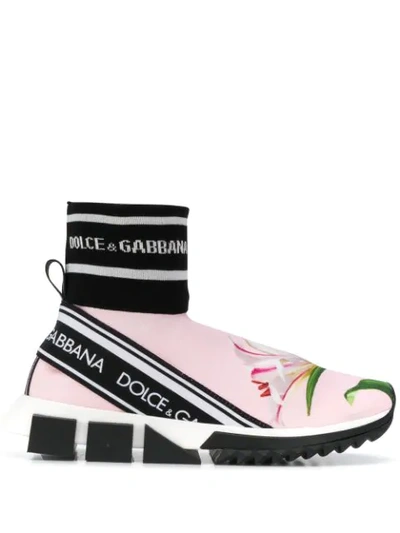 Dolce & Gabbana Ribbed-cuff Floral Logo Sneakers In Pink