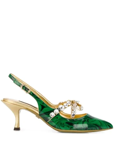 Dolce & Gabbana Malakite Print Patent Leather Sling Back With Bejeweled Bow In Green