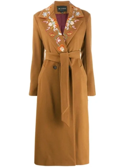 Etro Floral Embroidered Collar Coat In Brown