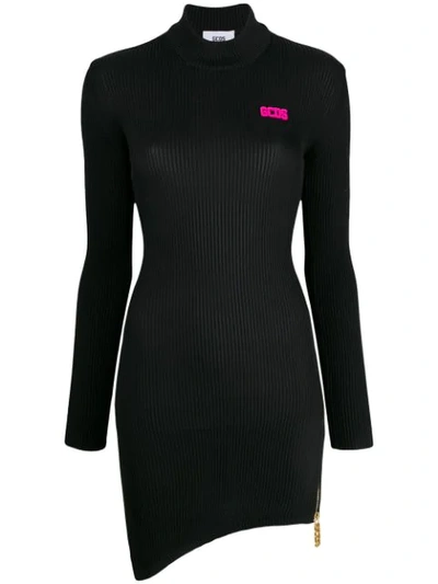 Gcds Dress L/s Fitted Collar Asymmetric In Black