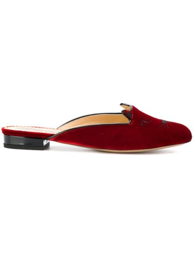 Charlotte Olympia Kitty Velvet Slippers In Red