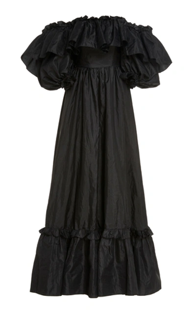 Loveshackfancy Tara Off-the-shoulder Ruffle-trim Taffeta Dress In Black