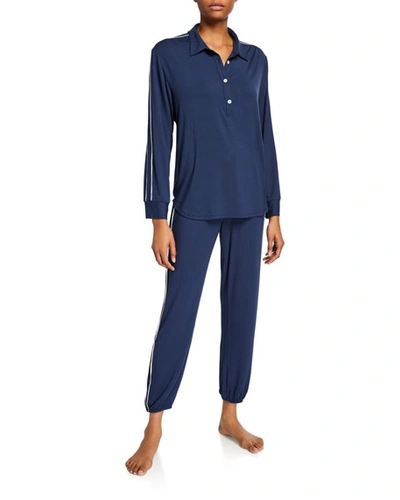 Eberjey Gisele Long-sleeve Sporty Pajama Set In Cosmic Blue/ivory