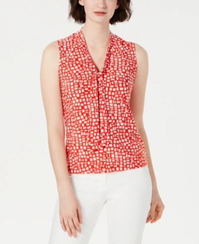 Anne Klein Printed Tie-neck Top In Poppy Anne White