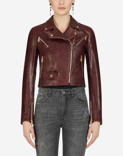 Dolce & Gabbana Leather Biker Jacket In Brown
