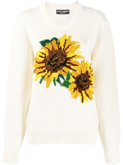 Dolce & Gabbana Wool Sweater With Sunflower Intarsia In White