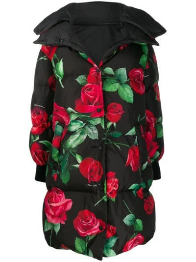 Dolce & Gabbana Oversize Down Jacket With Hood And Rose Print In Black