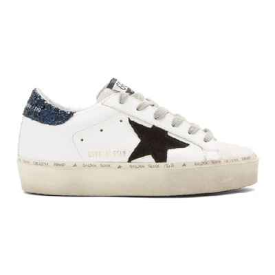 Golden Goose Hi Star Leather Sneakers With Glitter Back In White/blue