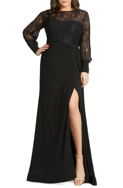 Mac Duggal Plus Size Lace Bodice & Jersey Long-sleeve Wrap Gown W/ Slit In Black