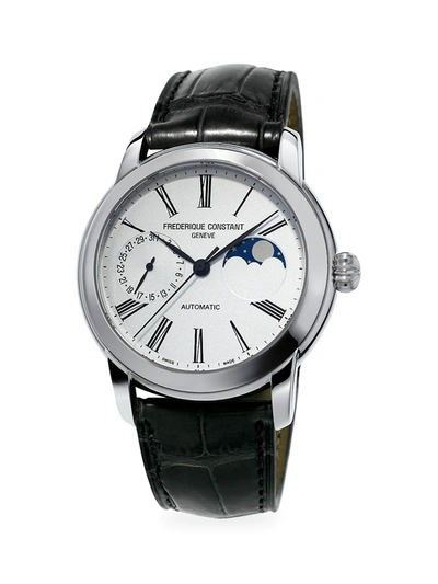 Frederique Constant Classics Moonphase Manufacture Automatic Stainless Steel & Leather Strap Watch In White/black