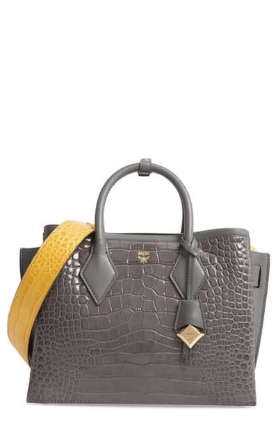 Mcm Neo Milla Croc Embossed Calfskin Leather Tote In Charcoal/silver