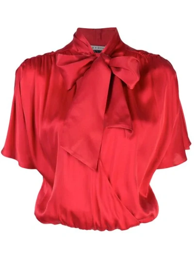 Alice And Olivia Livvy Tie Neck Wrap Front Stretch Silk Blouse In Ruby