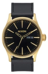 Nixon The Sentry Leather Strap Watch, 42mm In Black