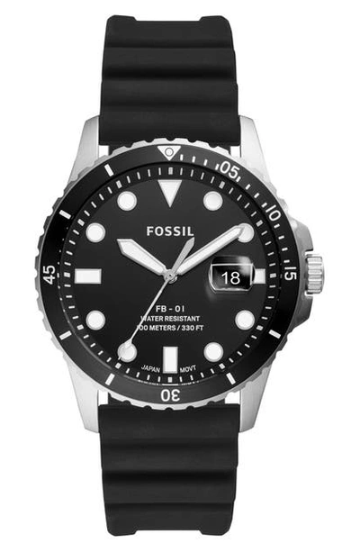 Fossil Men's Blue Diver Black Silicone Strap Watch 42mm In Black/ Silver