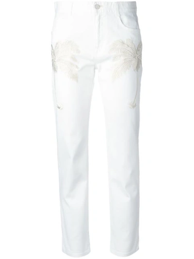 Stella Mccartney Palm Tree-embroidered Slim-leg Cropped Jeans In Optical White