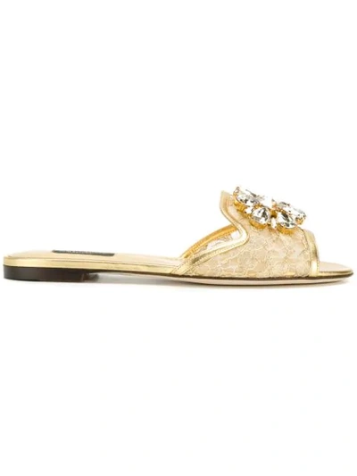 Dolce & Gabbana Lace Slippers With Crystal Embellishments In Metallic