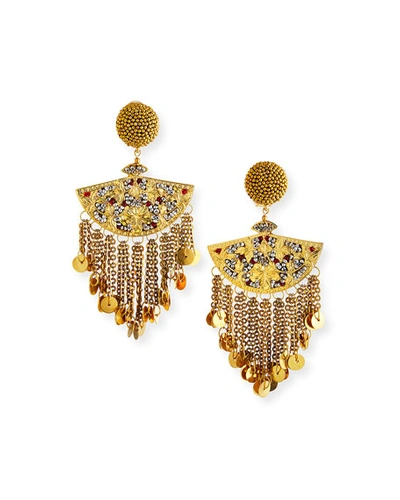 Oscar De La Renta Embellished Beaded Chain Fan Clip Earrings In Red/gold