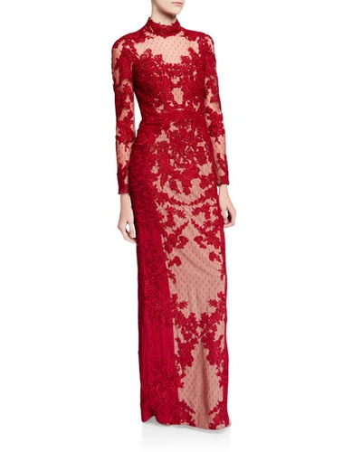 Badgley Mischka Couture Mock-neck Long-sleeve Point D'esprit Lace Illusion Gown In Red
