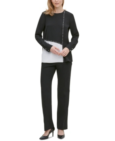 Calvin Klein Studded Color-block Blouse In Black/white