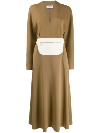 Lanvin Wool Maxi Dress With Leather Belt Detail In Neutrals