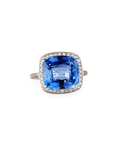 Alexander Laut 18k White Gold Blue Sapphire Cushion Ring W/ Diamonds