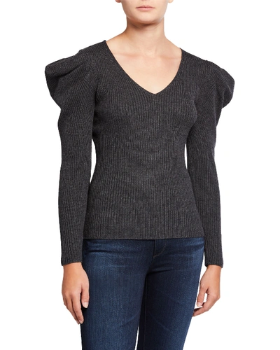 Milly Isabelle V-neck Puff-sleeve Ribbed Wool Jumper In Charcoal
