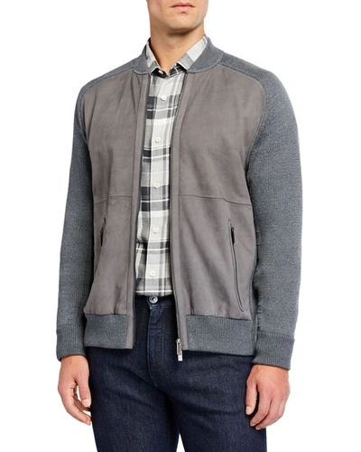 Ermenegildo Zegna Men's High-performance Leather/wool Zip Sweater In Medium Gray