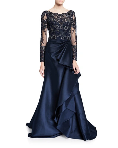 Badgley Mischka Couture Long-sleeve Lace Illusion Gown W/ Keyhole-back & Mikado Ruffle Skirt In Navy