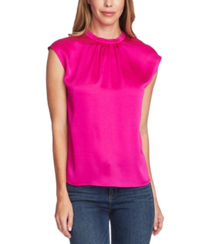 Vince Camuto Satin Shirred-neck Top In Pink Shock
