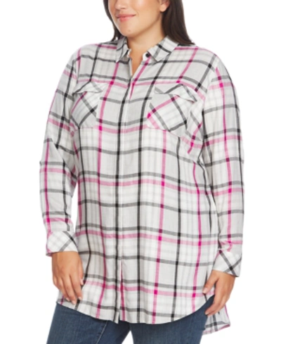 Vince Camuto Plus Size Highlighter Plaid 2-pocket Tunic In Pink Shock