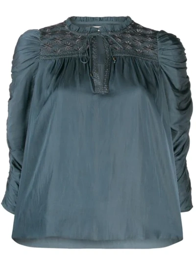 Ulla Johnson Embroidered Cropped Sleeve Blouse In Blue