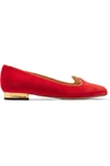 Charlotte Olympia Kitty Embroidered Velvet Slippers In Red