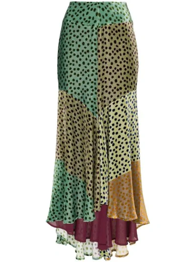 Silvia Tcherassi Delilah Asymmetric Color-block Polka-dot Velvet Midi Skirt In Military Green