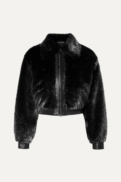 Tom Ford Cropped Leather-trimmed Metallic Faux Fur Bomber Jacket In Silver