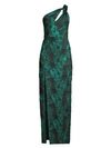 Aidan Mattox One-shoulder Cutout Jacquard Column Gown W/ Slit In Black/emerald