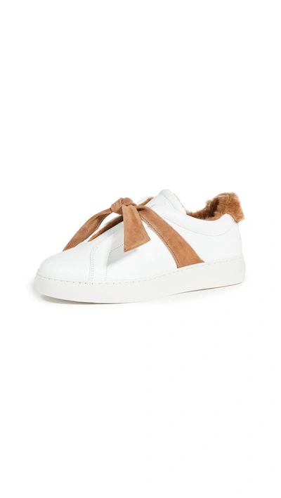 Alexandre Birman Clarita Bow-embellished Faux Shearling-lined Leather Slip-on Sneakers In White/ Cognac