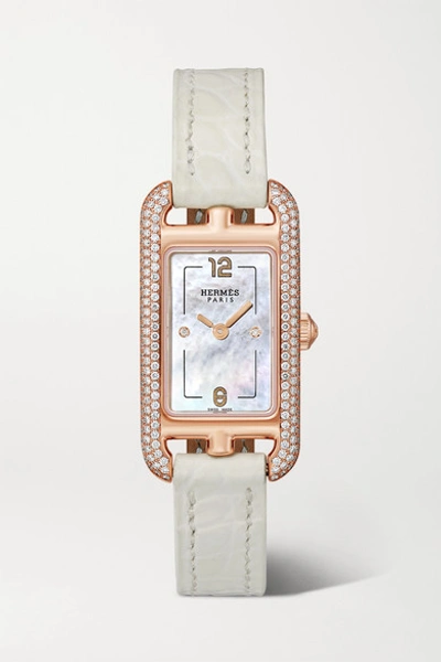 Pre-owned Hermes Nantucket 17mm Very Small 18-karat Rose Gold, Alligator, Mother-of-pearl And Diamond Watch