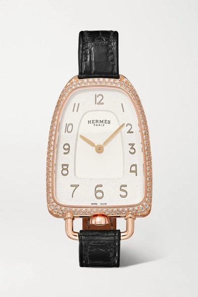 Pre-owned Hermes Galop D'hermès 26mm Medium 18-karat Rose Gold, Alligator And Diamond Watch